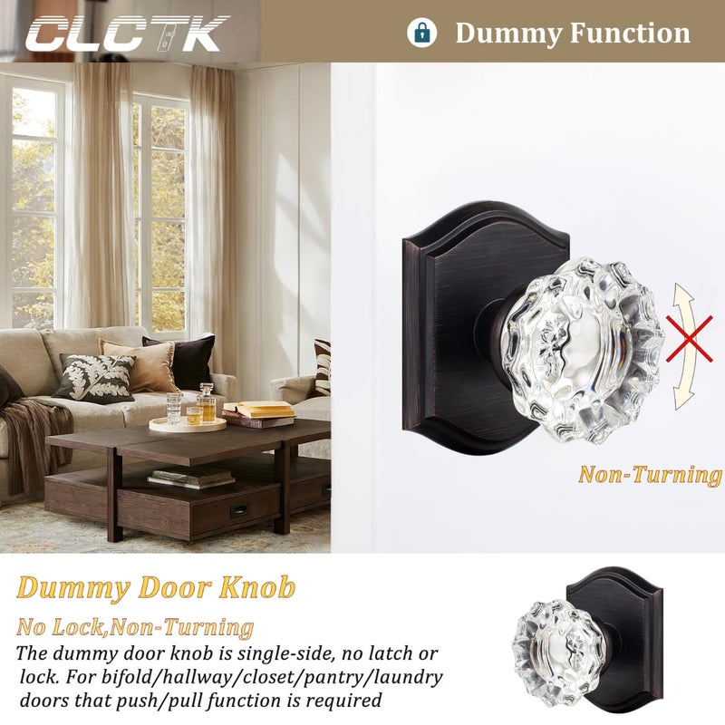 CLCTK 4 Pack Glass Dummy Door Knobs, Inactive Crystal Half-Dummy Door Knobs for Closet/Bifold, Oil Rubbed Bronze - Image 2